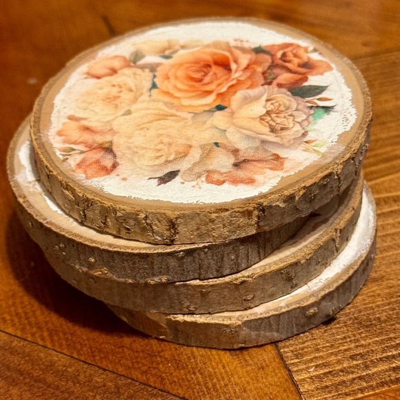 Handmade Floral Wood Coasters | Vintage Boho Cottagecore Aesthetic | Set of 4 - Picture 2 of 8